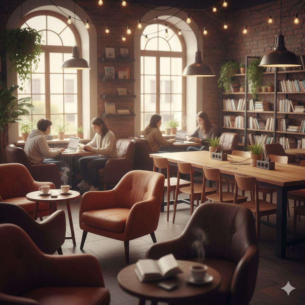 Gemütliche Sessel und Tische mit Laptop-Anschlüssen