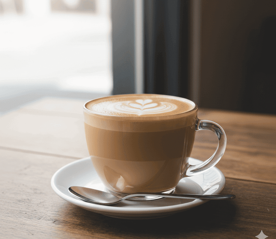 Kaffee Latte mit Latte Art Herzmuster im Milchschaum