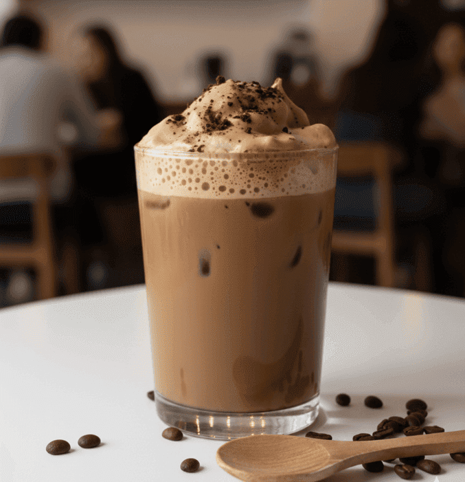 Eisgekühlter Mokka mit Schokolade, Eiswürfeln und Sahne