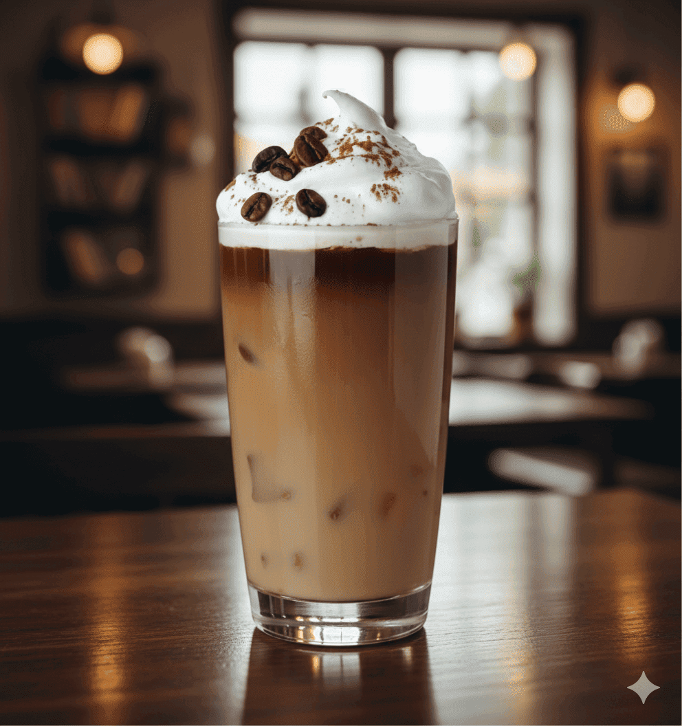 Eiskaffee mit Schokoladensauce, Eis und Schlagsahne