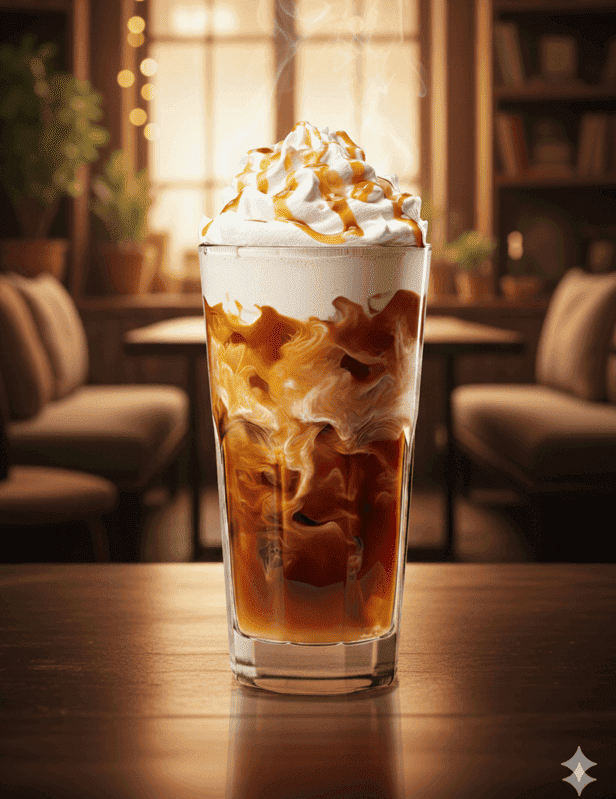 Eiskaffee mit Karamellsauce und Eiswürfeln