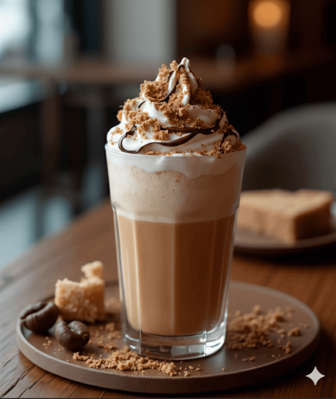 Aufgeschäumter Frappé mit Eiswürfeln und Strohhalm