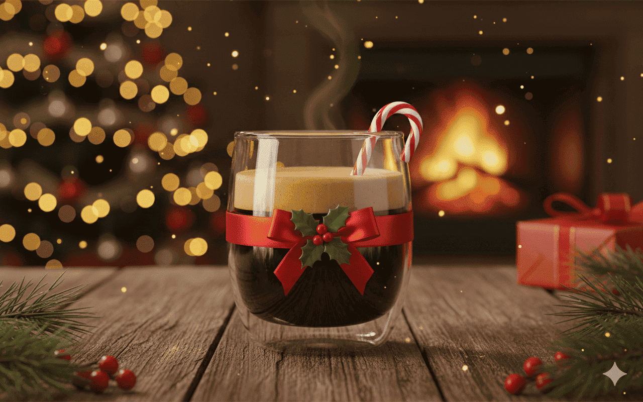 Doppelter Weihnachtsespresso mit festlicher Schleife