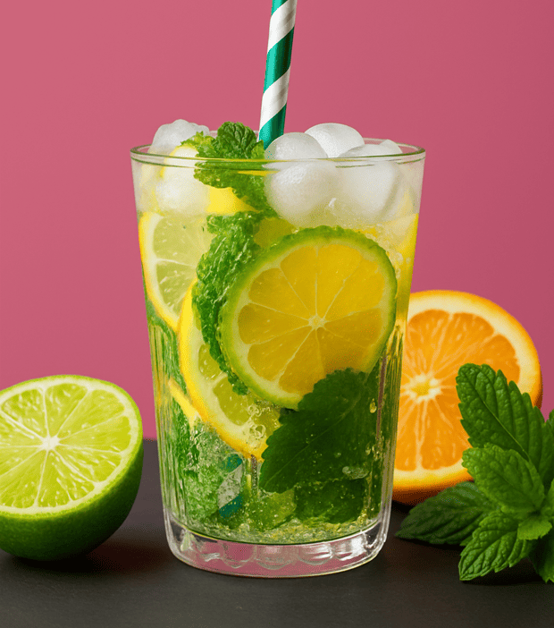 Alkoholfreier Mojito mit Minze und Zitrusfrüchten