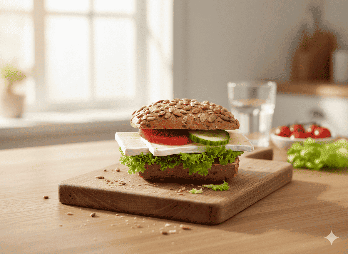 Vollkornbrötchen mit Camembert und frischem Salat