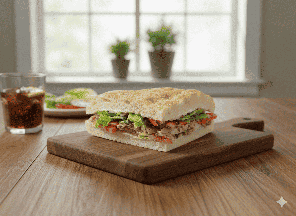 Fladenbrot mit Thunfisch, Zwiebeln und frischem Salat