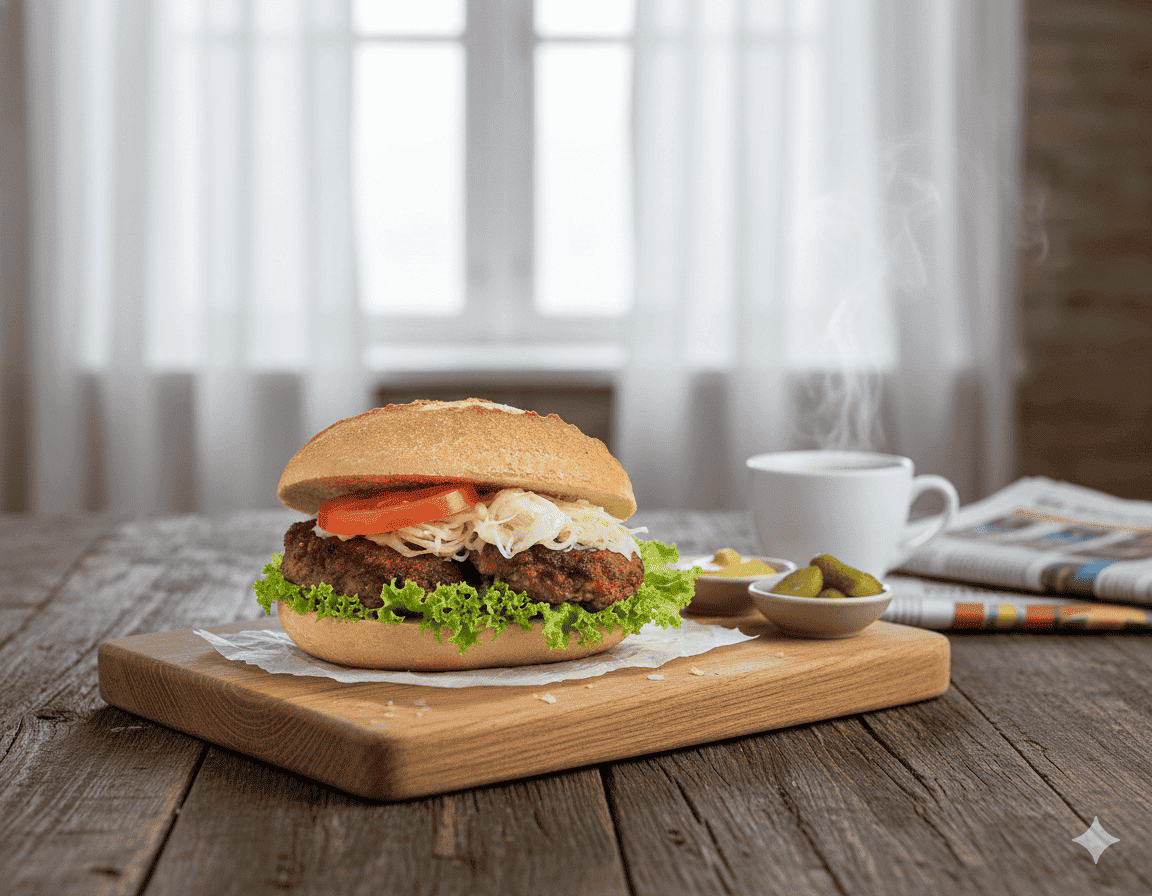 Baguette belegt mit Frikadelle und Krautsalat