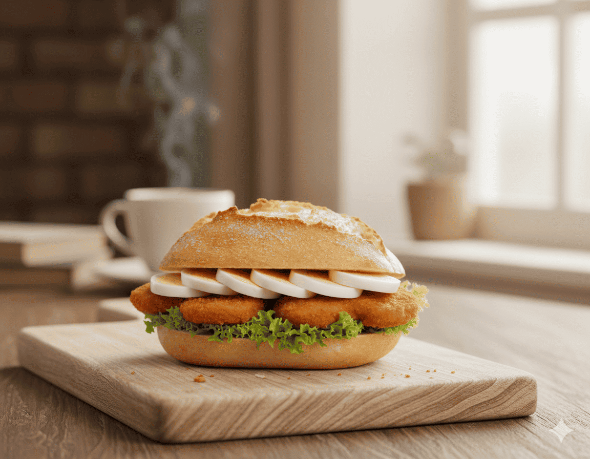 Knuspriges Brötchen belegt mit Hähnchenschnitzel und Ei