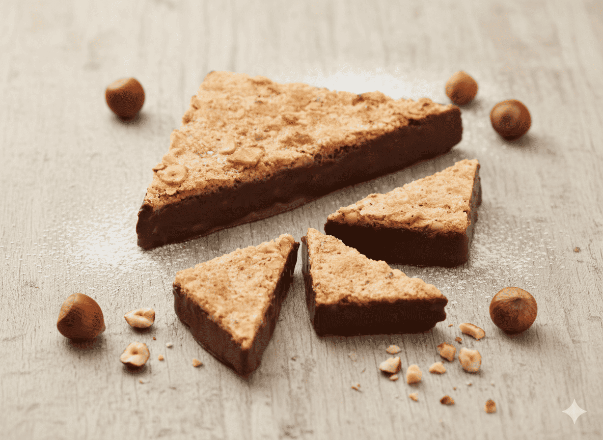 Dreieckige Nussecke mit Haselnüssen und Schokoladenüberzug