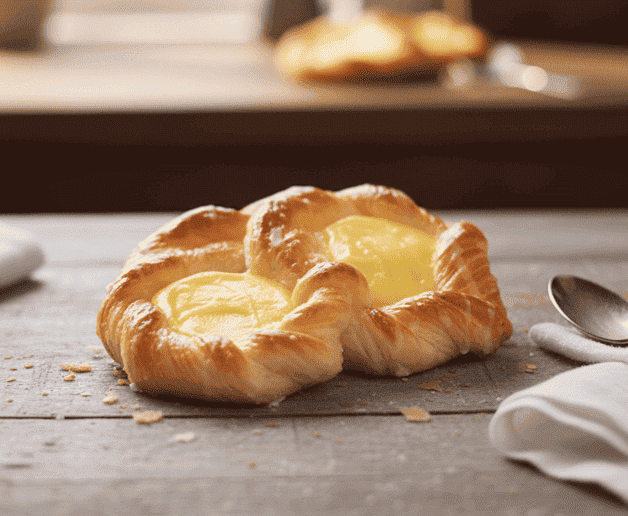 Plundergebäck in Brezelform mit Vanillepudding und Zuckerguss