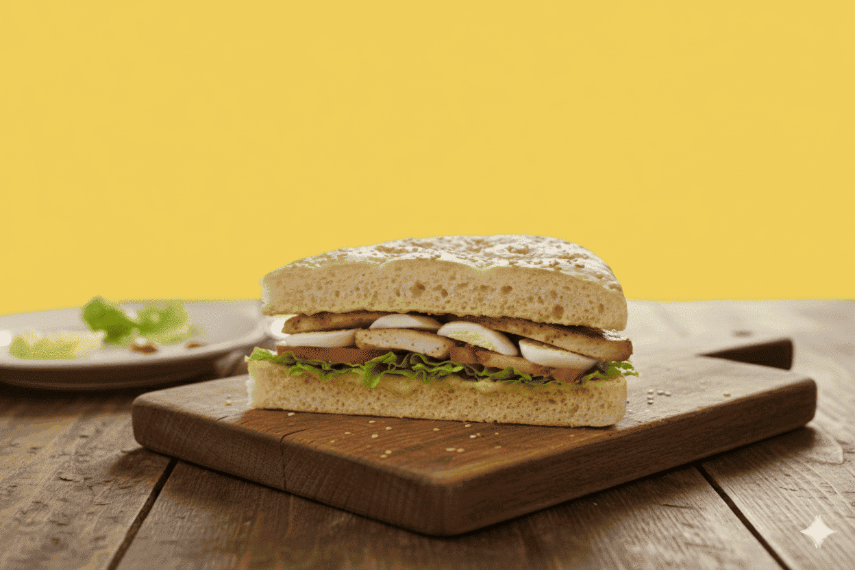 Veganer Fladen mit pflanzlichem Hähnchen und Gemüse