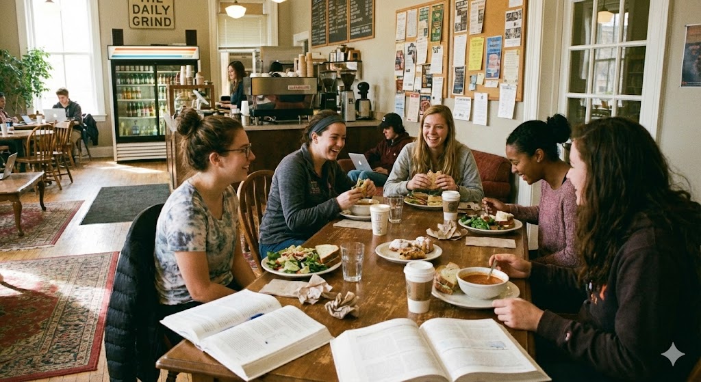 Studentinnen sitzen am Tisch, essen verschiedene Speisen und trinken Kaffee; sie unterhalten sich und lächeln, offene Bücher liegen auf dem Tisch. Im Hintergrund sitzt ein Student mit Laptop auf dem Sofa, und man sieht die Kasse, hinter der ein Barista steht.