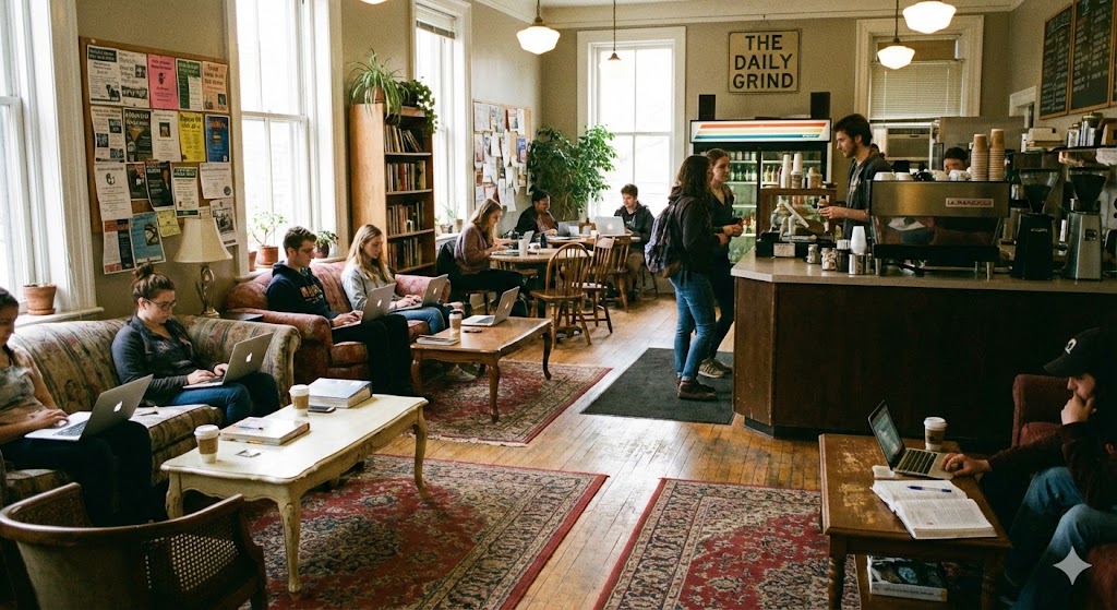 Gemütliches Studentencafé mit vielen Studierenden, die auf Sofas sitzen und an Laptops arbeiten, während ein Barista die Gäste bedient.