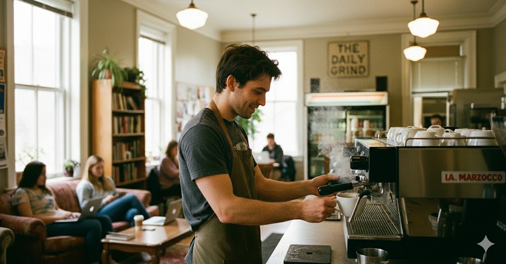 Nahaufnahme eines Baristas, der Kaffee an der Espressomaschine zubereitet; im Hintergrund sitzen Studierende auf Sofas und lernen an ihren Laptops.